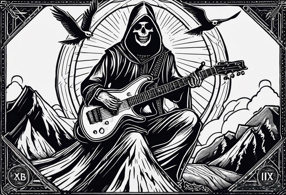 A tarot card showing a hooded skeleton playing a flying v guitar on top of a mountain made of amps,  the text says "XXII The Bard", lightnings in the background tattoo idea