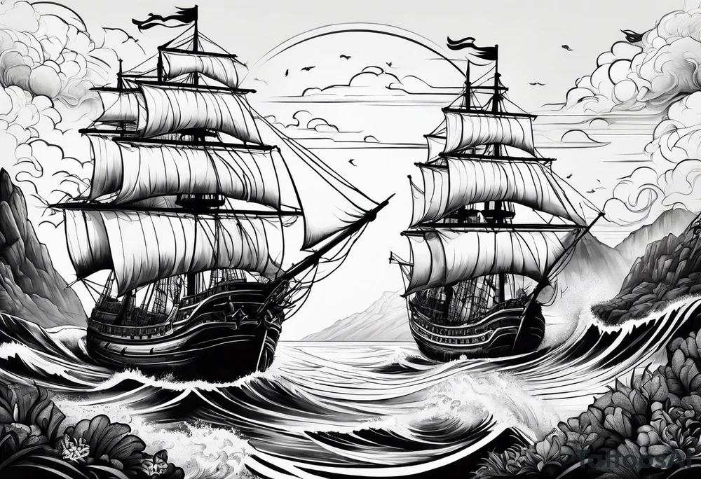 coastal scene with galleon tattoo idea
