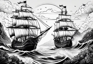 coastal scene with galleon tattoo idea