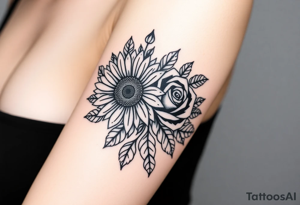 bouquet of 2 flowers, a sunflower and a rose surrounded by a lot greenery, leaves and smaller flower buds. tattoo idea