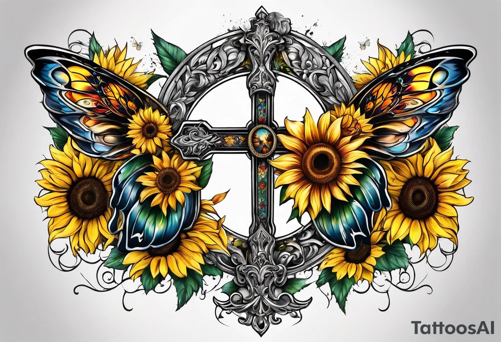 Winged cross with sunflower and butterflies tattoo idea