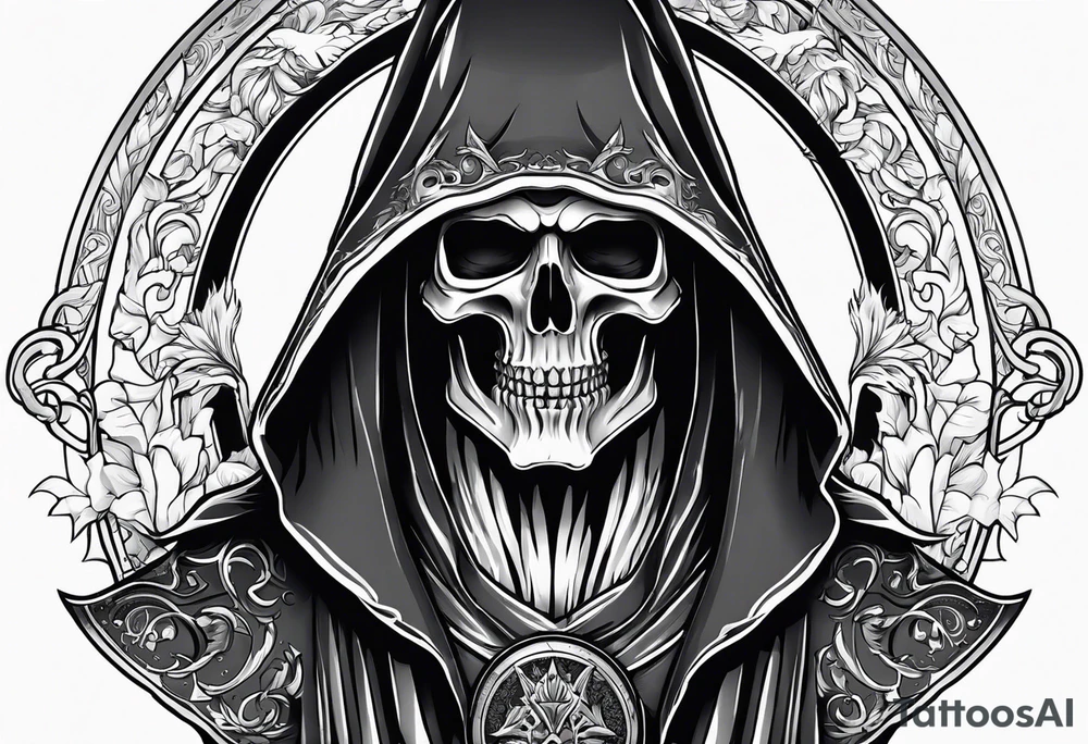 full body grim reaper with his hood off and a halo above his head tattoo idea