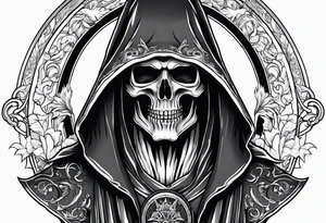 full body grim reaper with his hood off and a halo above his head tattoo idea