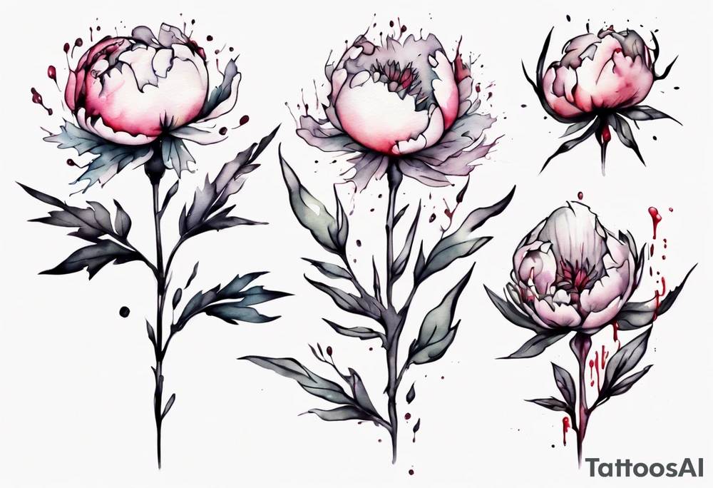 a watercolor peony that is dripping bleeding with thorns, simple, tall, one line tattoo idea