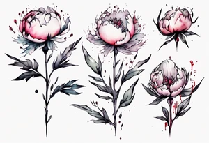 a watercolor peony that is dripping bleeding with thorns, simple, tall, one line tattoo idea
