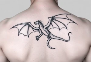 Dragon flying with outstretched wings, facing forward, with a long and slender body, the head slightly higher than the wings, and the tail curling out to one side tattoo idea