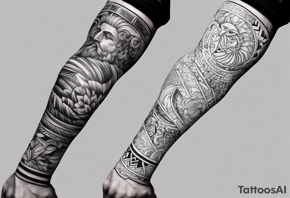 Patchwork arm sleeves of greek gods tattoo idea