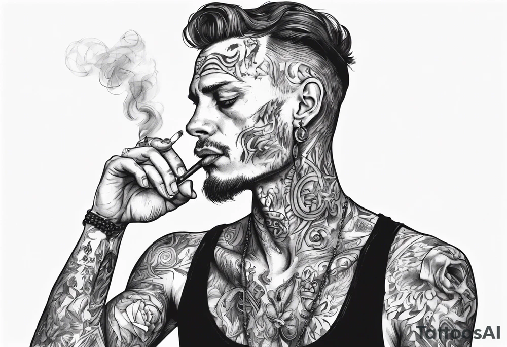 A man without tattoos without a hat with earrings in his ears stands smoking a cigarette tattoo idea