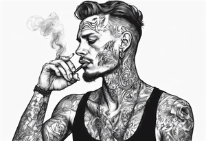 A man without tattoos without a hat with earrings in his ears stands smoking a cigarette tattoo idea