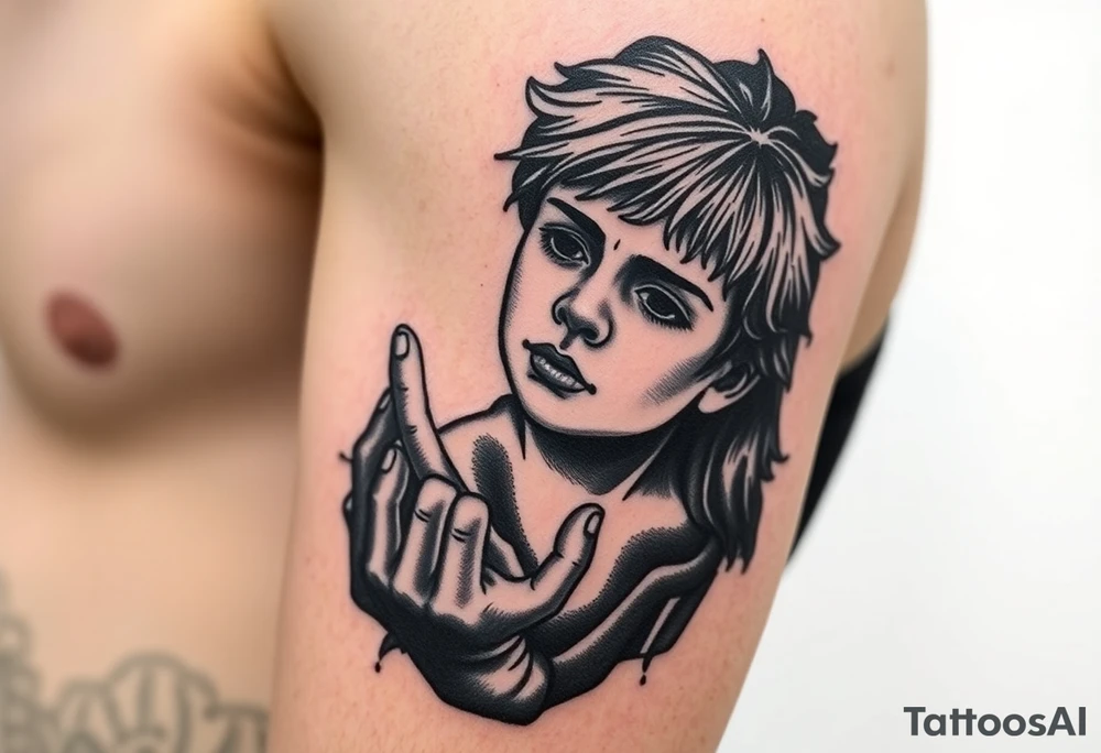 i want a  young boy falling into a void while reaching out to jesus's hand tattoo idea