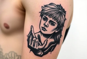 i want a  young boy falling into a void while reaching out to jesus's hand tattoo idea