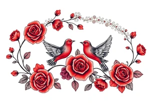 Vintage lace, red roses, red birds, vintage, wrap around, tighter together, no space open tattoo idea