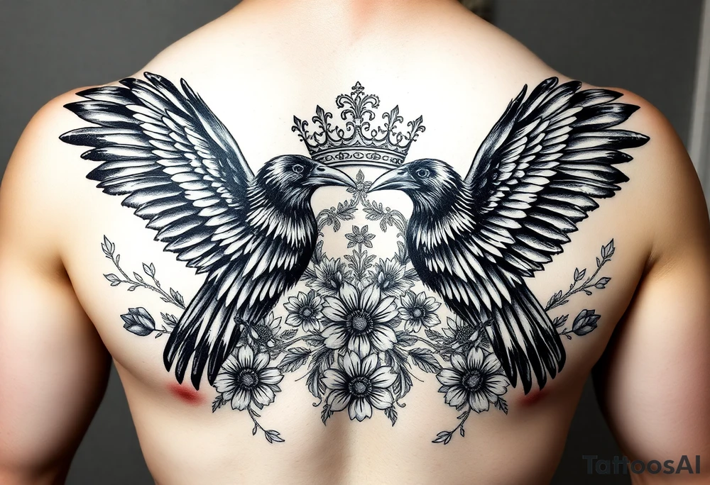 Chest tattoo,powerful majestic ravens with a crown, surrounded by floral ornaments and birds tattoo idea