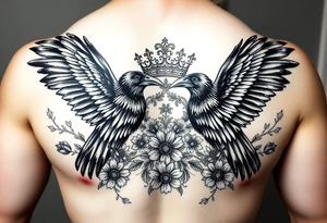 Chest tattoo,powerful majestic ravens with a crown, surrounded by floral ornaments and birds tattoo idea
