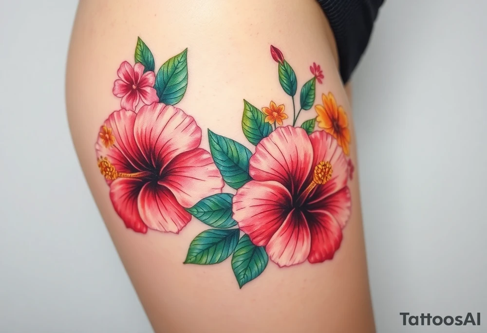 Beautiful Hibiscus flowers with leaves and other flowers tattoo idea