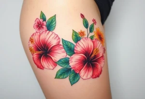 Beautiful Hibiscus flowers with leaves and other flowers tattoo idea