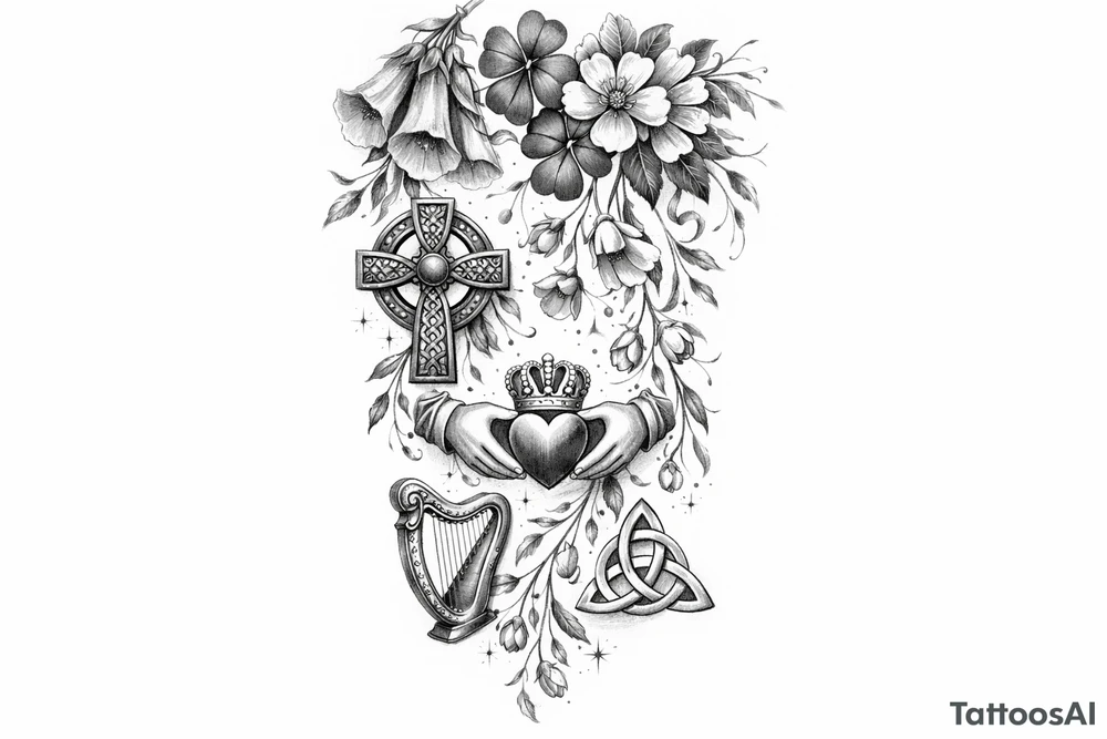 Cascading simple Irish flowers with Irish symbols tattoo idea