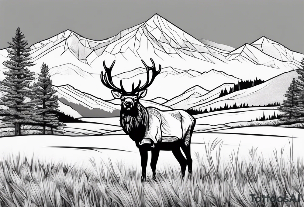 small elk in a field with mountains in the background tattoo idea