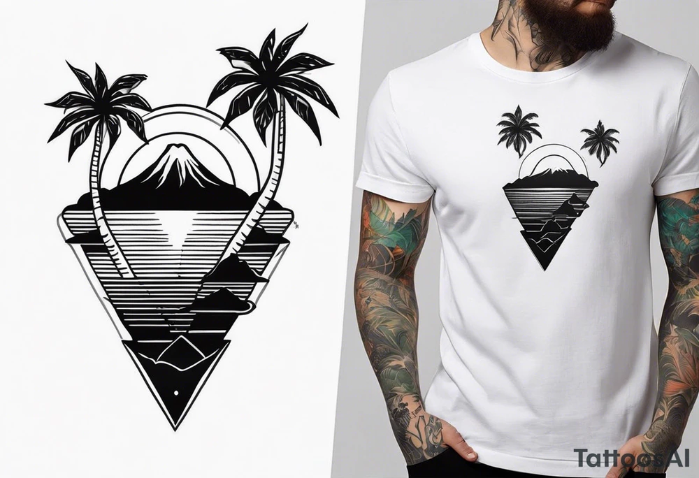 fineline black palmtree and volcano tattoo idea