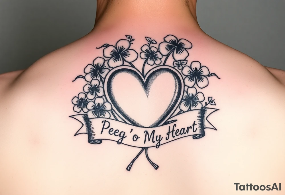 Bunch of shamrocks with a big heart and a banner that says " Peg 'o My Heart " tattoo idea
