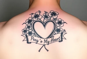Bunch of shamrocks with a big heart and a banner that says " Peg 'o My Heart " tattoo idea