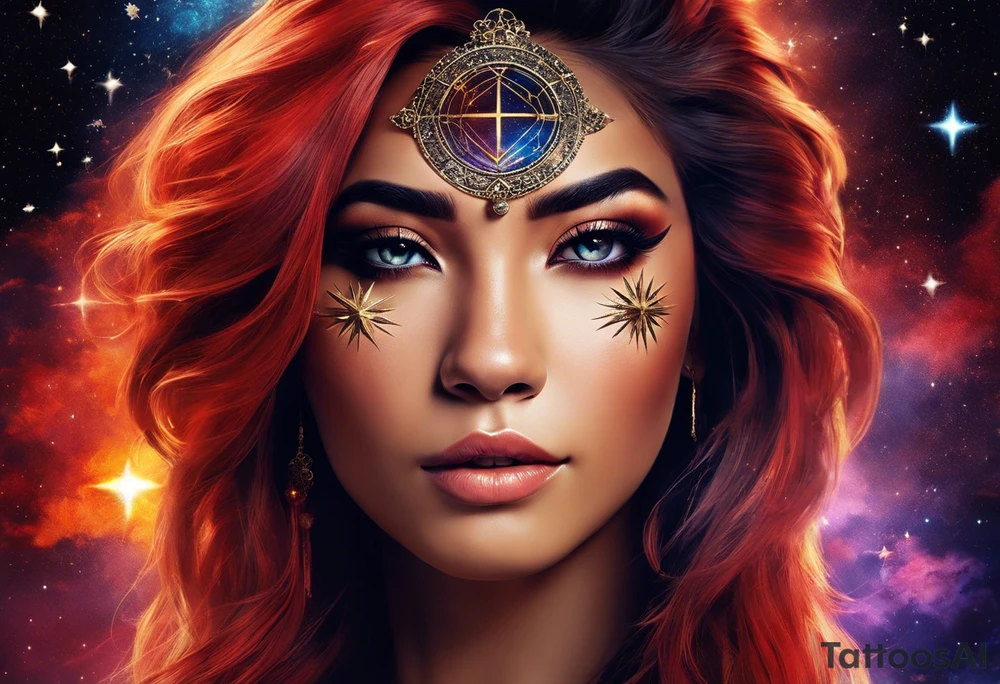 women turning to her side with a small leo zodiac symbol on her forehead, lion scratch scar on her eye and stars, moon and sun floating behind her head. however at the bottom  have her blend away like a smoke effect, you can use Stars or clouds to help fill in space. Also create a somewhat Smokey thin red line wrapping going from the back of the neck to the pinky and overlapping the woman tattoo as well. tattoo idea