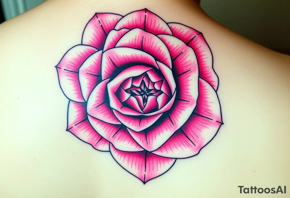 The pink rose appears as if viewed through a mesmerizing kaleidoscope, with its delicate petals radiating outward in a perfectly symmetrical, fractal-like pattern. Shades of soft blush and vibrant magenta blend seamlessly, creating a hypnotic, almost surreal visual effect that draws the eye deeper into its intricate layers. The petals seem to fold and reflect infinitely, forming geometric shapes that shift and transform, giving the rose an ethereal, dreamlike quality hand tattoo tattoo idea