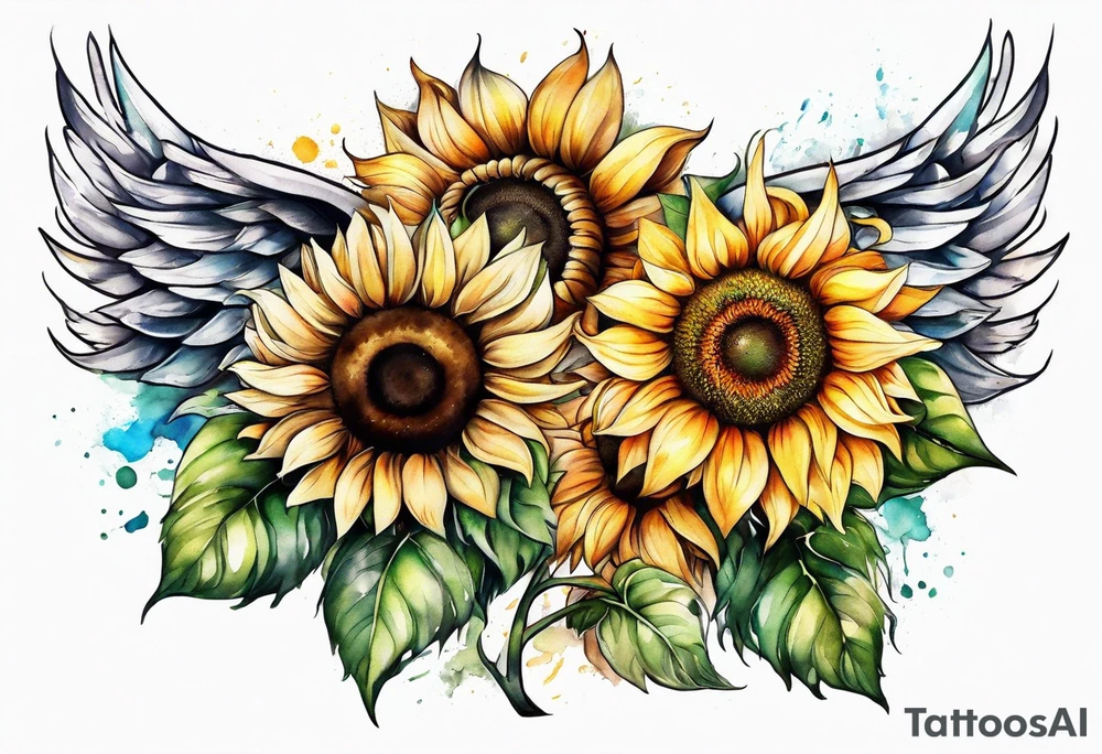 Sunflowers and angel wings leg sleeve tattoo idea