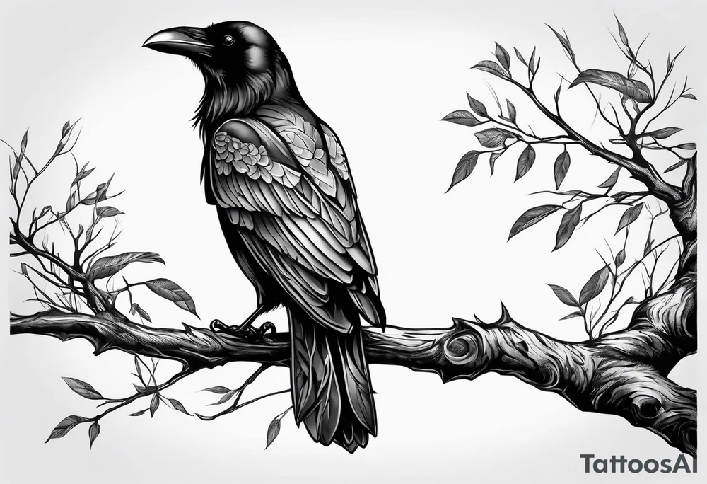 raven perched on branch tattoo idea