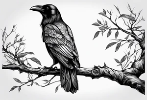 raven perched on branch tattoo idea