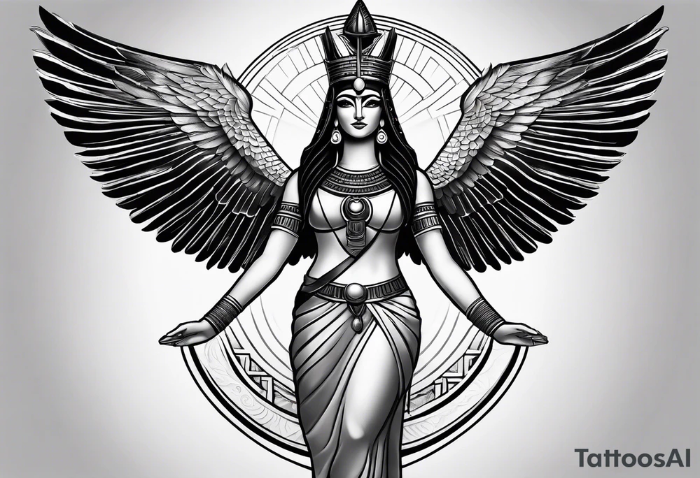 black and gray photo realistic goddess isis with minimal detail tattoo idea