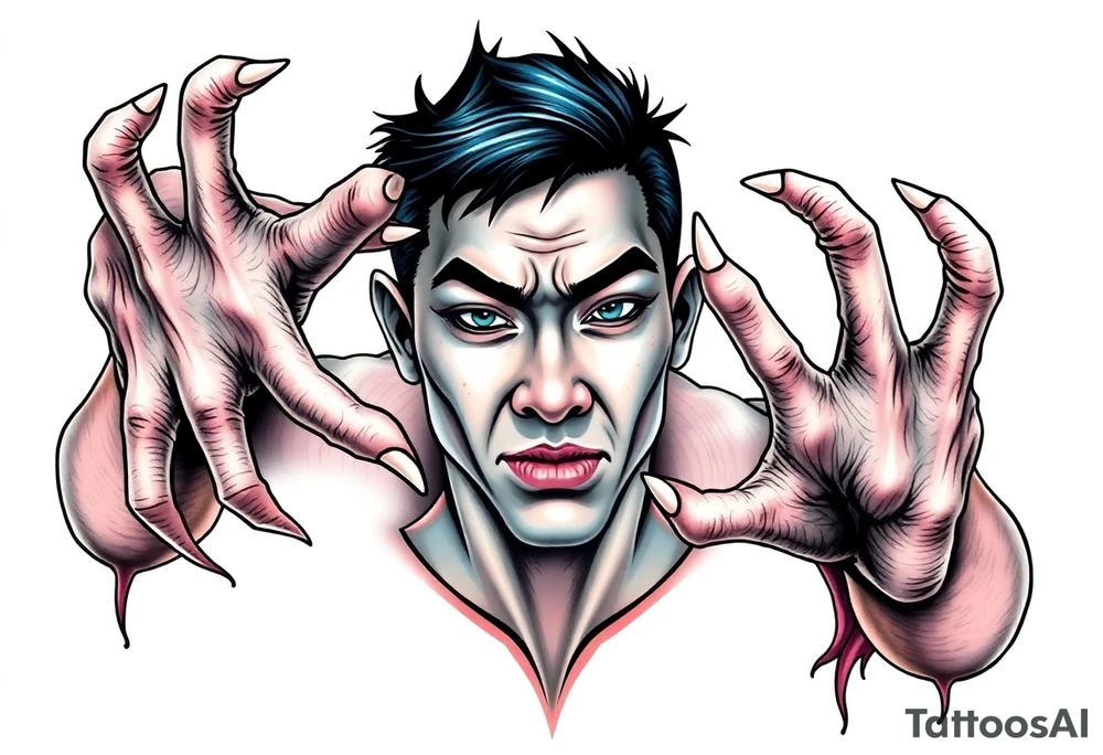 Scary ugly hands are holding Handsome Asian young guy tattoo idea