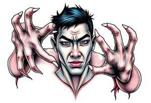 Scary ugly hands are holding Handsome Asian young guy tattoo idea