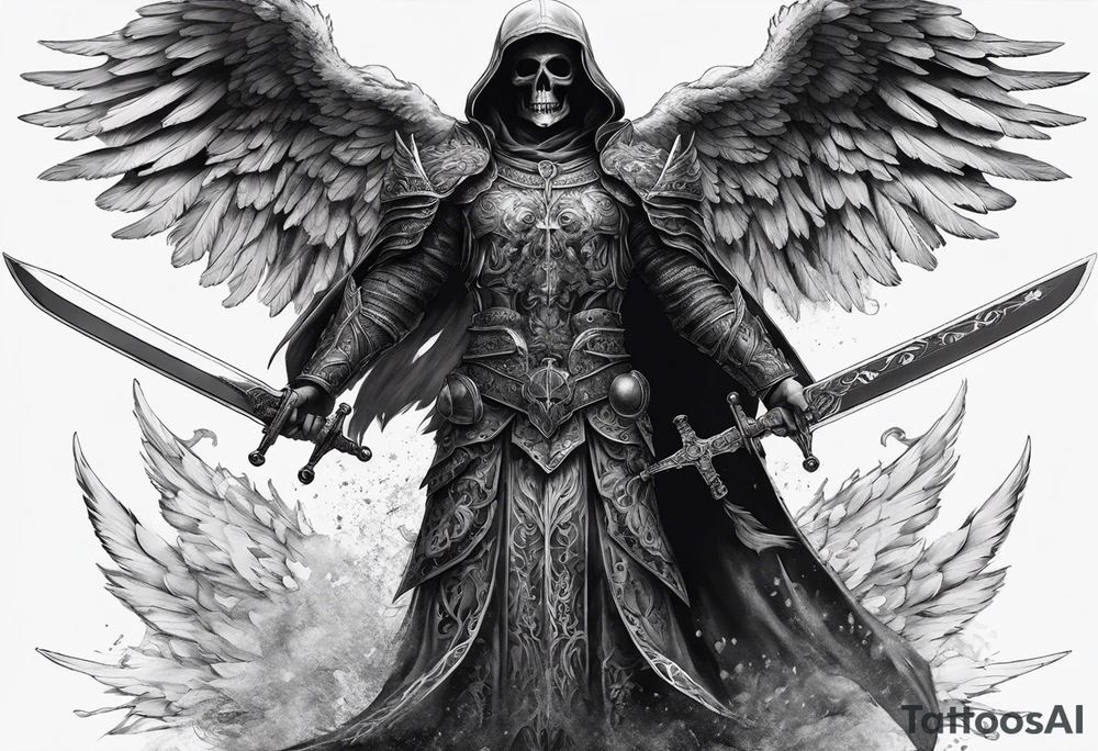 realistic full body of angel of death, no face, face is not visible, with wings holding only one sword in both hands, the edge of the sword is killing the skull tattoo idea