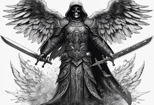 realistic full body of angel of death, no face, face is not visible, with wings holding only one sword in both hands, the edge of the sword is killing the skull tattoo idea