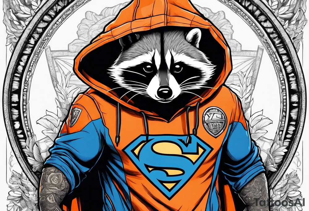 Raccoon wearing an orange Superman hoodie tattoo idea