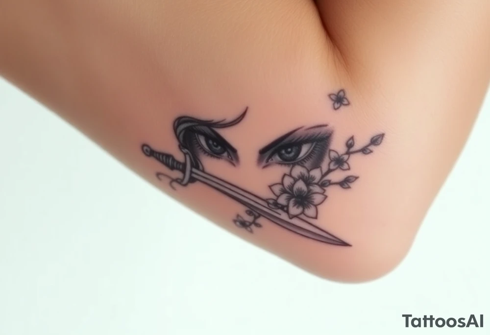 Warrior women eyes with sword cherry blossoms tattoo idea