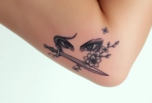 Warrior women eyes with sword cherry blossoms tattoo idea