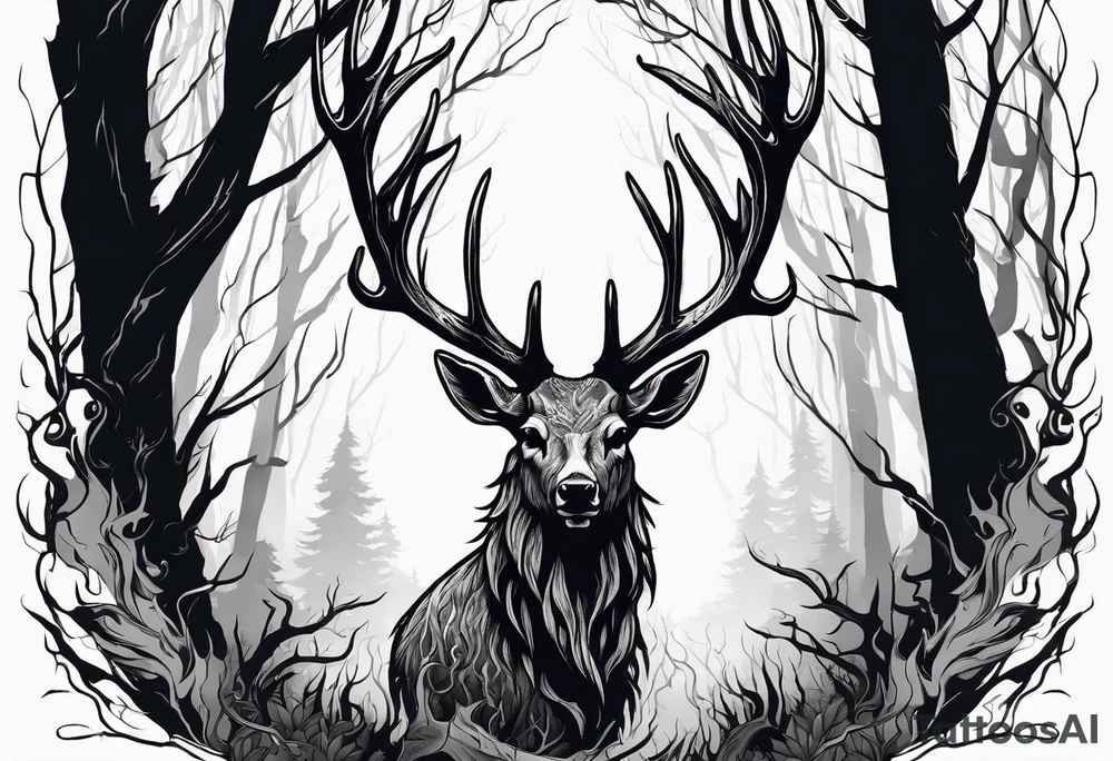 A scary wendigo with a decayed deer skull head with flames behind in a forest tattoo idea