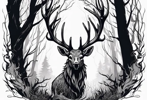 A scary wendigo with a decayed deer skull head with flames behind in a forest tattoo idea