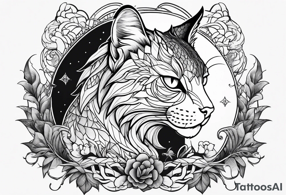 cat and dragon facing each other with nature background tattoo idea cat and dragon facing each other with nature background tattoo idea