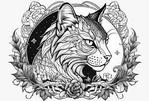 cat and dragon facing each other with nature background tattoo idea
