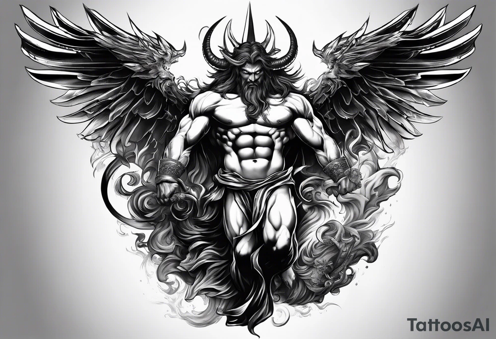 arm sleeve heaven at the top, satan falling down hellscape at bottom tattoo idea