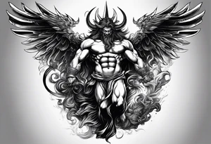 arm sleeve heaven at the top, satan falling down hellscape at bottom tattoo idea