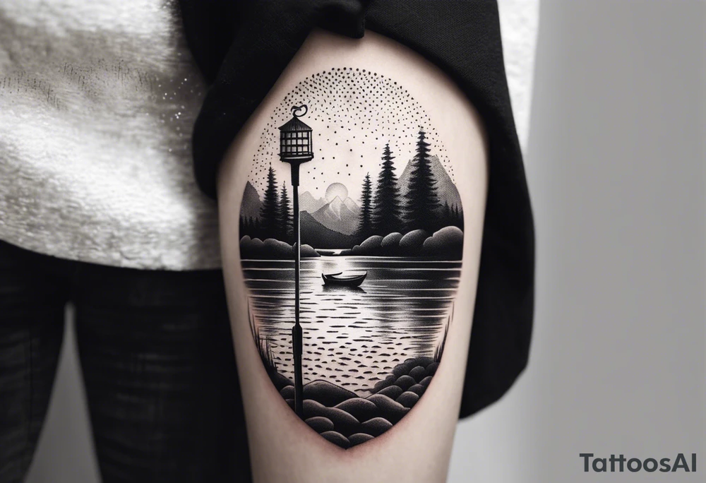 landscape and fishingpole and line with hook tattoo idea
