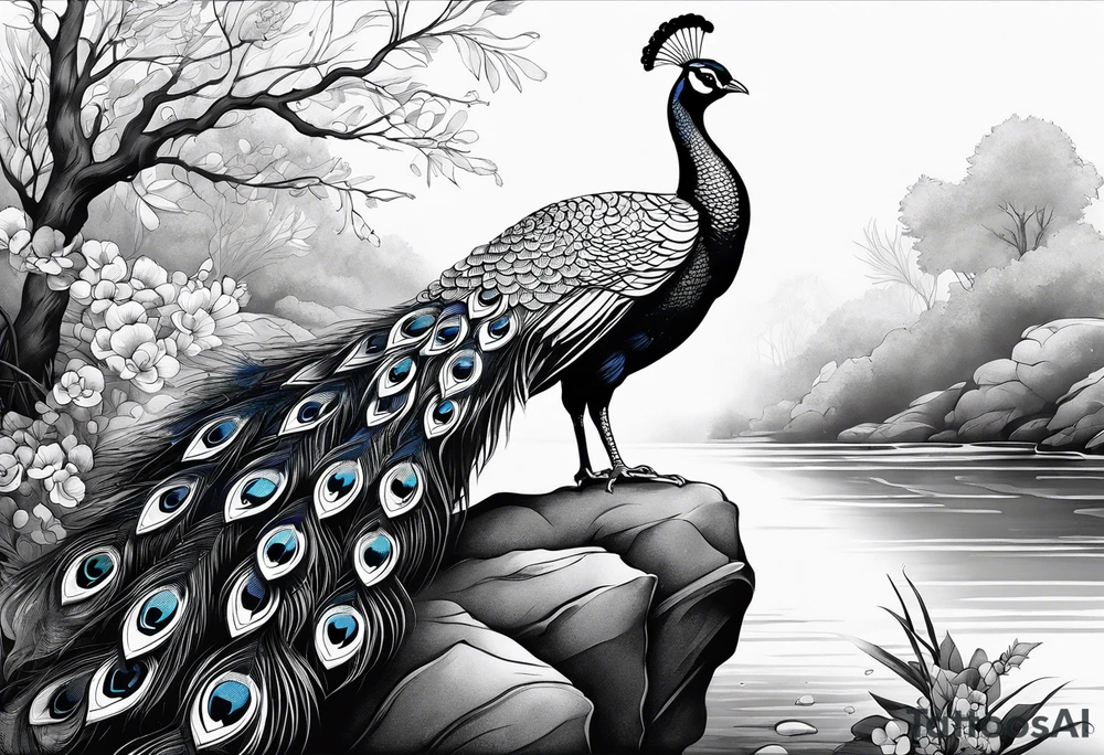 peacock along side a river tattoo idea