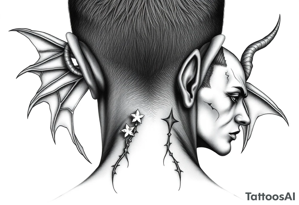 position behind the neck Angel (on the right) whispering in the right ear, demon (on the left) whispering in the left ear. It must be as realistic as possible. tattoo idea