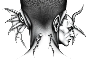 position behind the neck Angel (on the right) whispering in the right ear, demon (on the left) whispering in the left ear. It must be as realistic as possible. tattoo idea