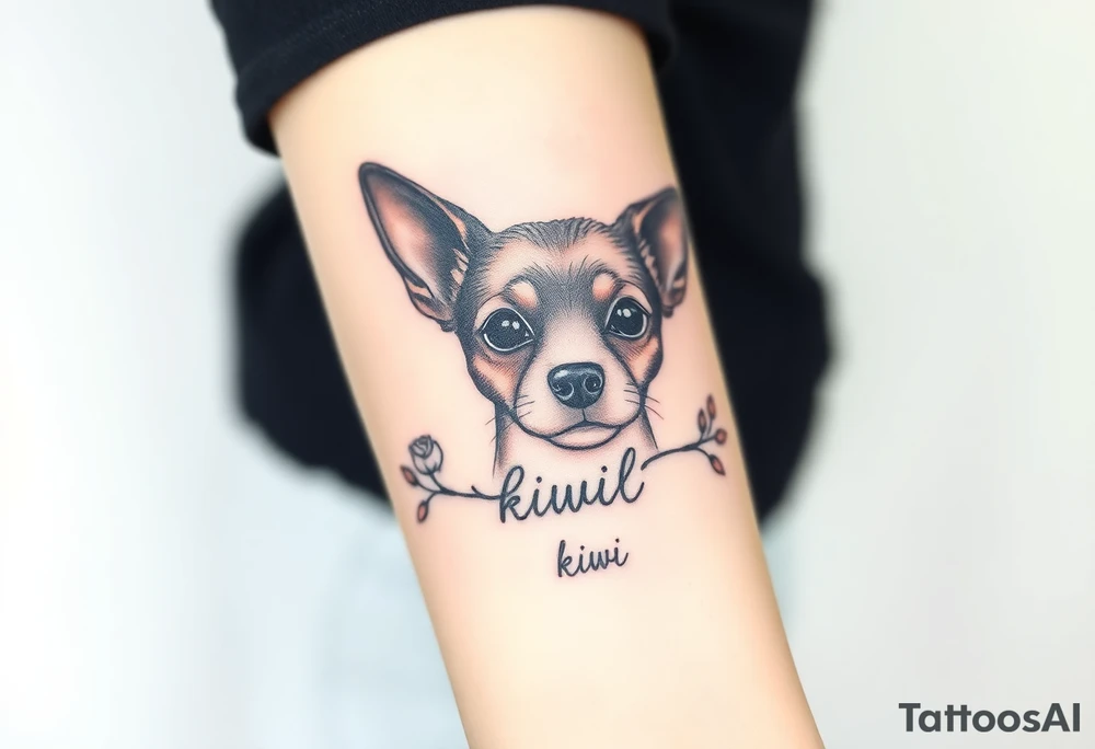 Cute female Brindle dog with the name kiwi . And a tiny rose around her . With her ears pointy a little big tattoo idea