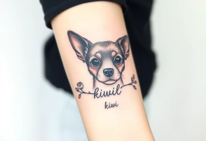 Cute female Brindle dog with the name kiwi . And a tiny rose around her . With her ears pointy a little big tattoo idea